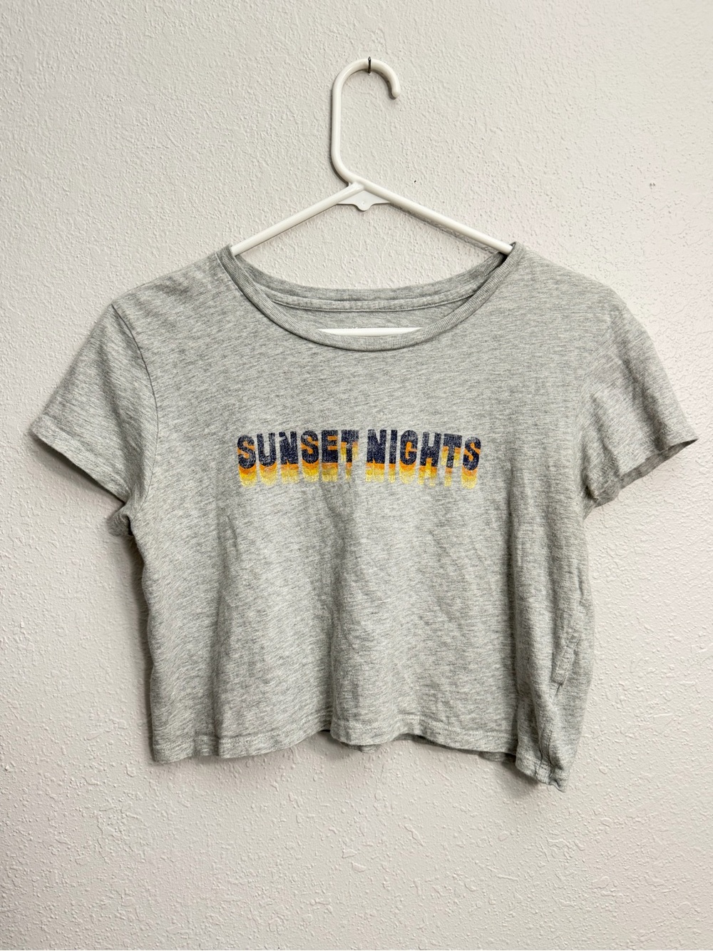 aerie Gray Crop Tee with Yellow & Navy "Sunset Nights" Graphic